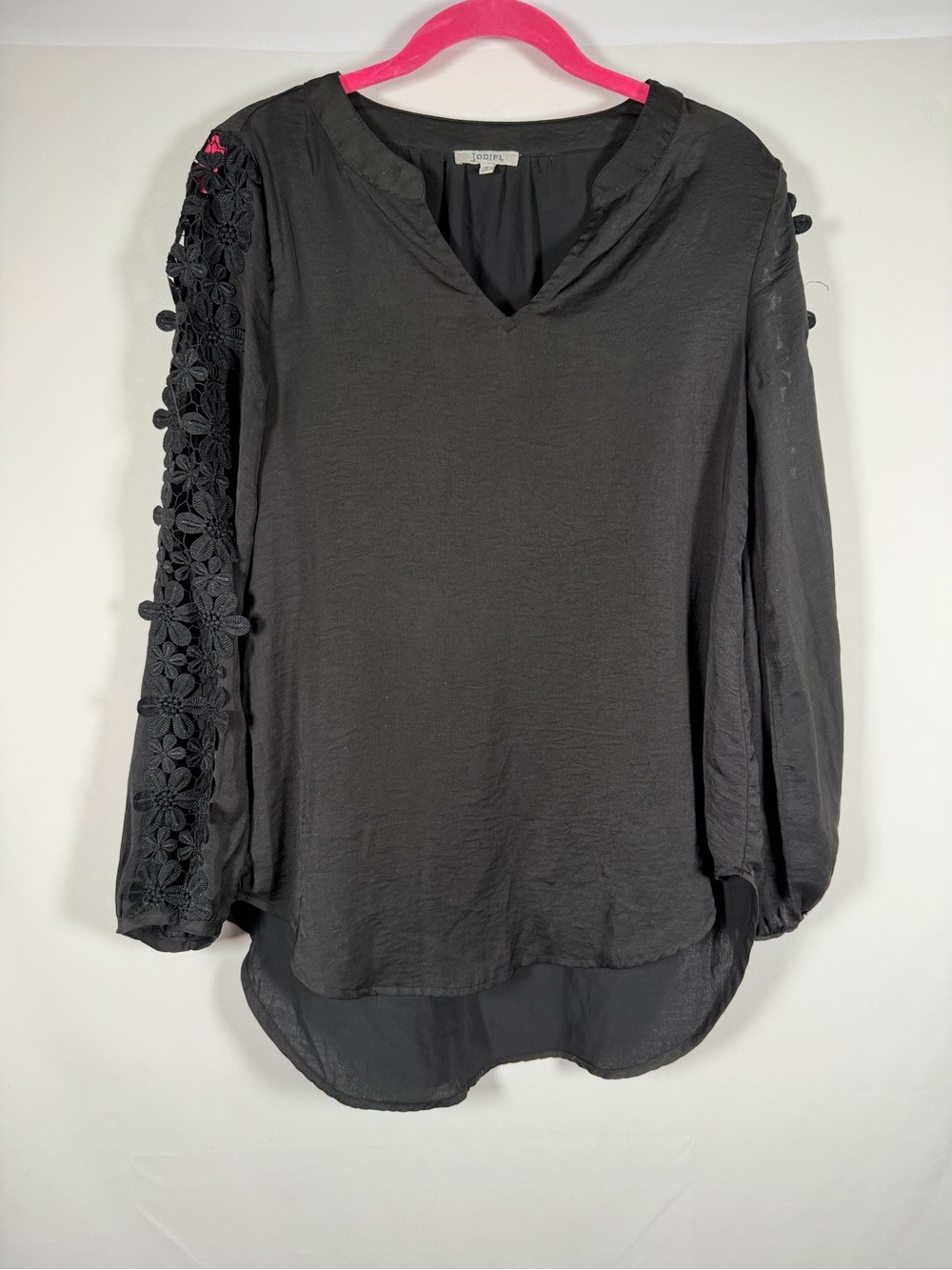 JODIFL Dark Boho Oversized Black V-Neck Blouse with Floral Crochet Sleeves